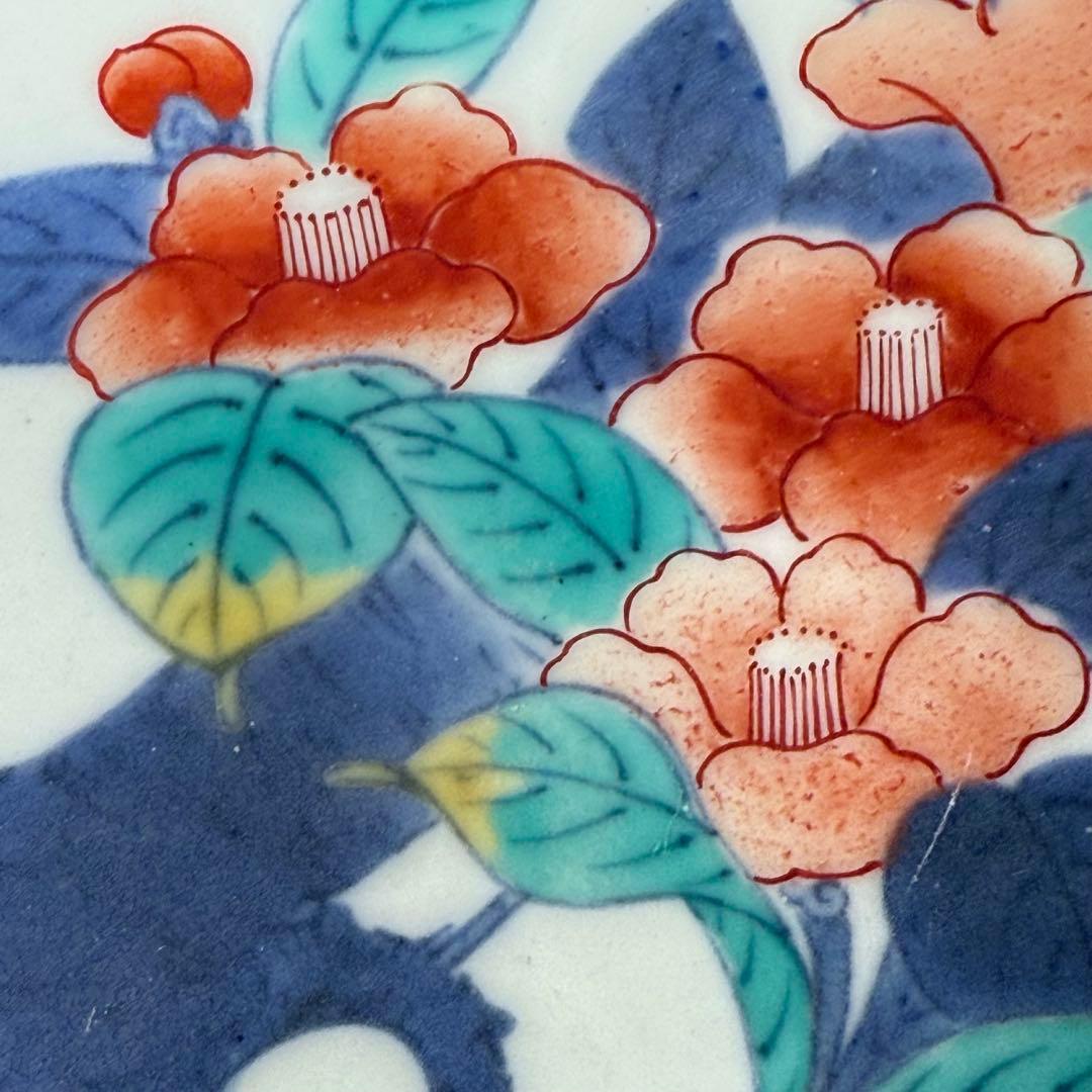 後期　色鍋島　椿文高台皿　櫛歯文高台　七宝結び文　桐箱付　幕末期