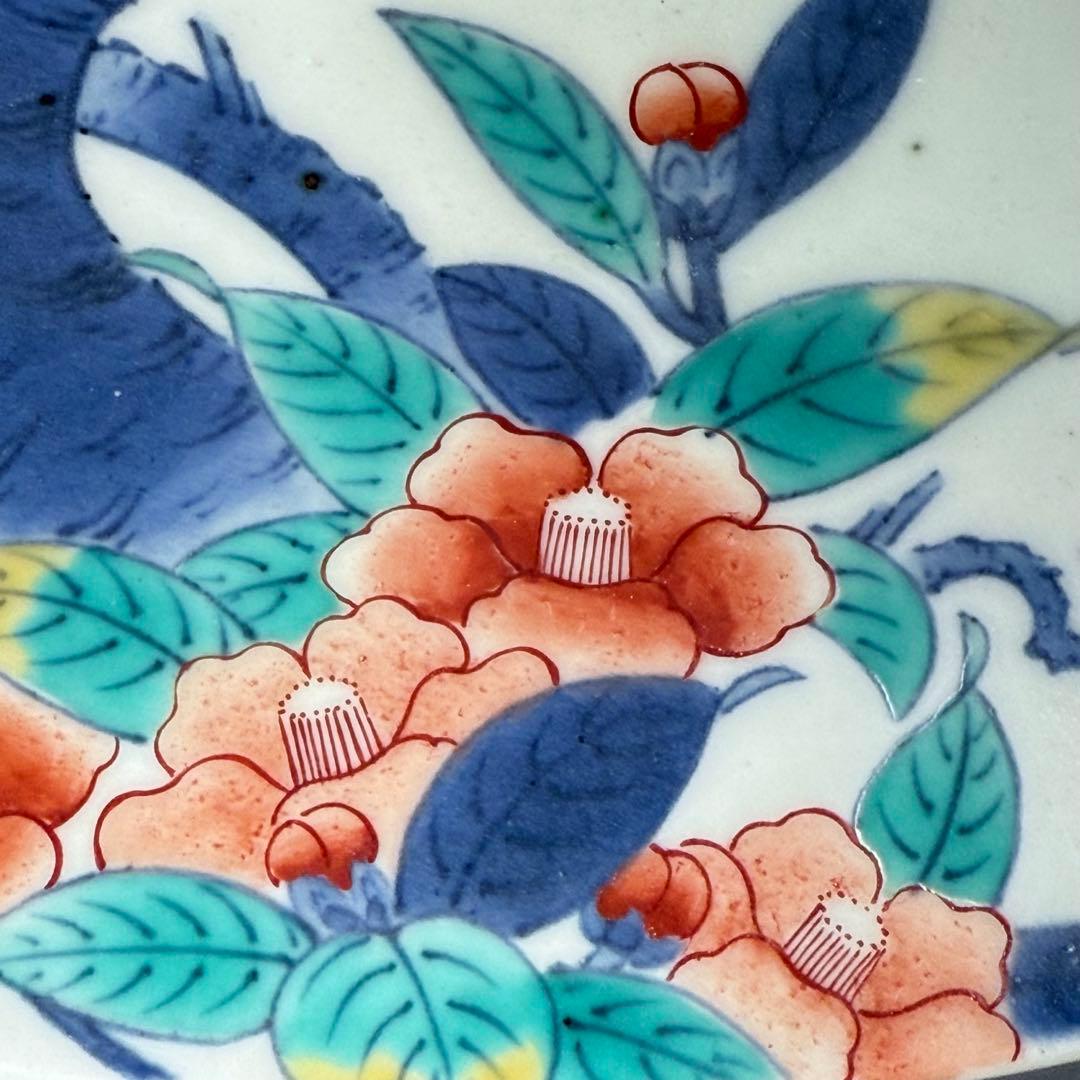 後期　色鍋島　椿文高台皿　櫛歯文高台　七宝結び文　桐箱付　幕末期