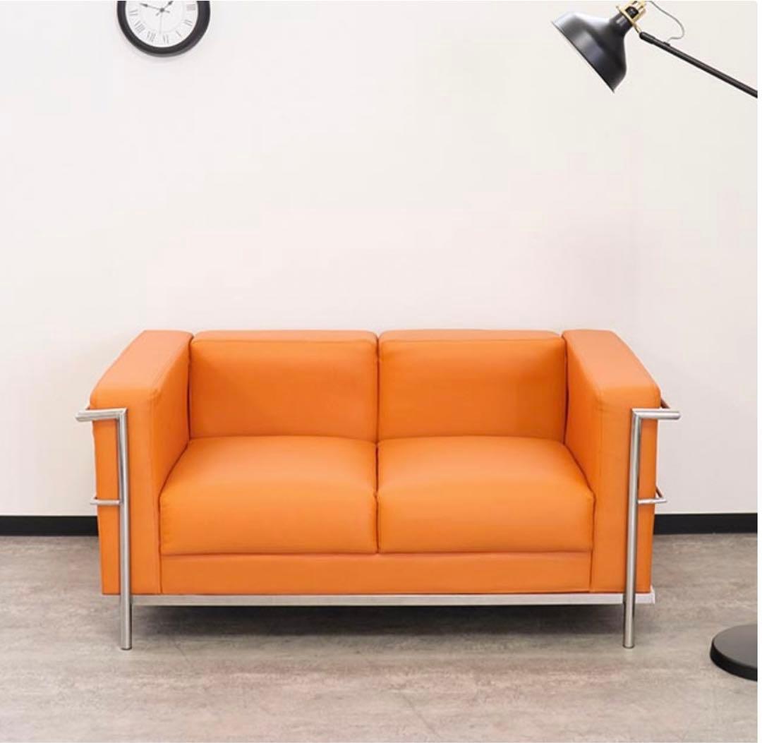 2人掛けソファ おしゃれな合皮ソファー オレンジ