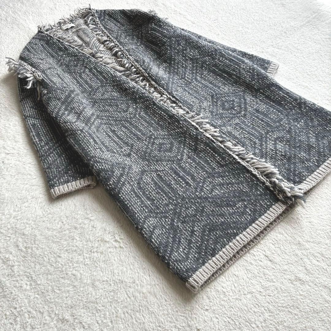 美品 スキャパ SCAPA フリンジ付き幾何学模様 ニットカーディガン 44