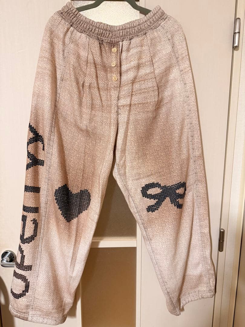 OPEN YY Lサイズ　セットアップニット柄ハートリボン刺繍カジュアルパンツ