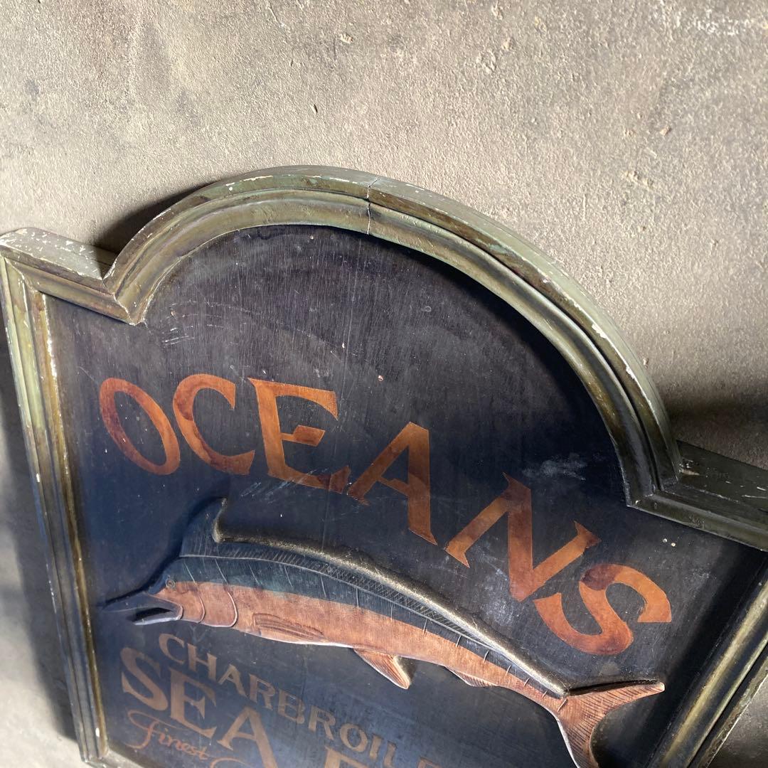 ま*う様 珍品 天然木 木彫 古いカジキの 看板 OCEANS SEA FOOD