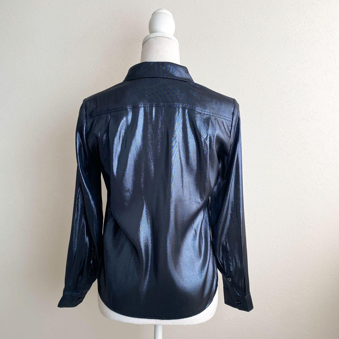 ✨GUCCI グッチ　シルク混ラメ長袖ブラウス　ネイビーグレー　イタリア製