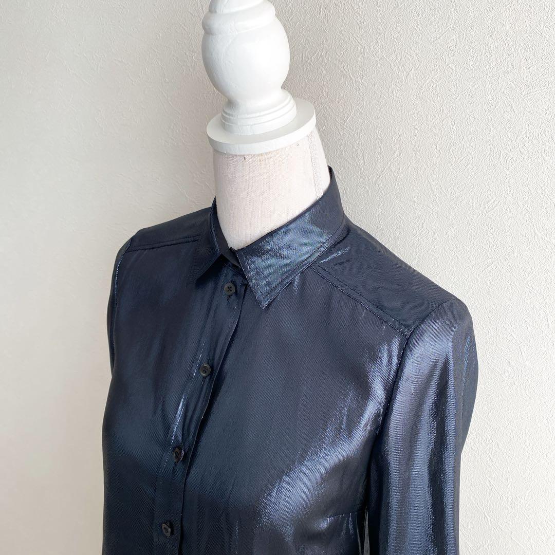 ✨GUCCI グッチ　シルク混ラメ長袖ブラウス　ネイビーグレー　イタリア製