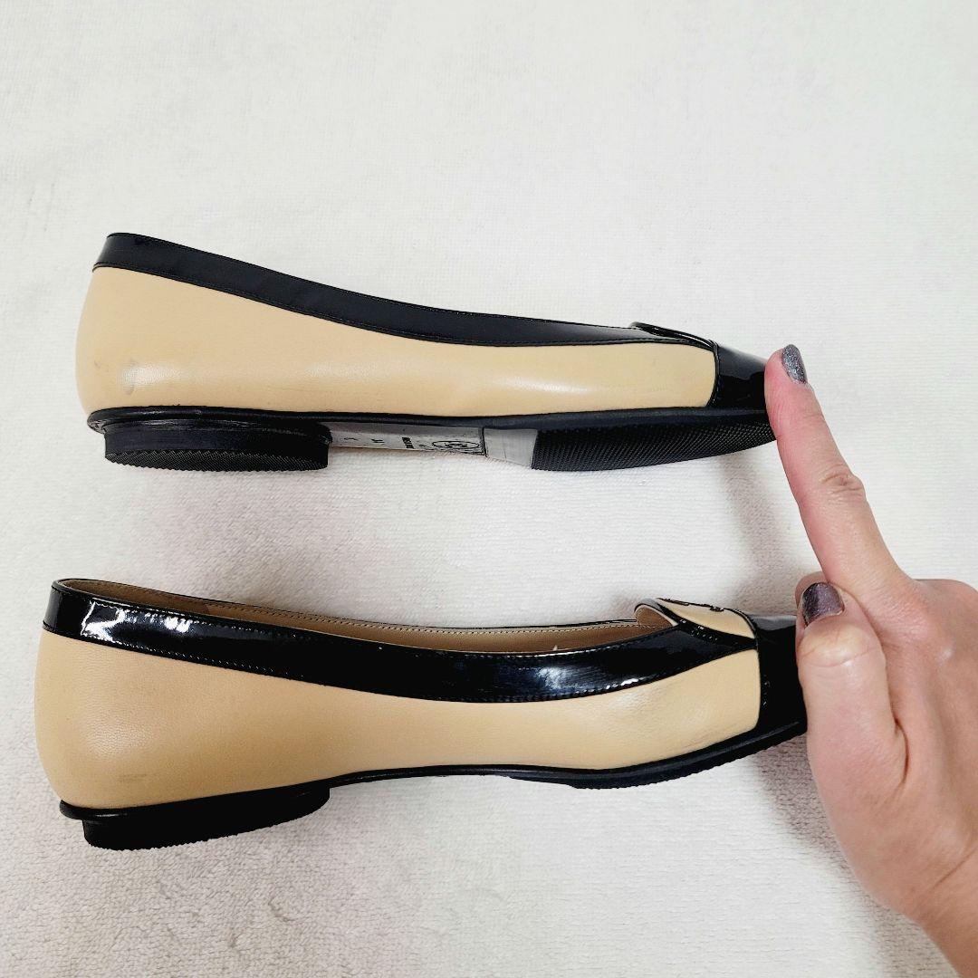 美品☆CHANELココマークバイカラーレザーエナメルフラットシューズパンプス