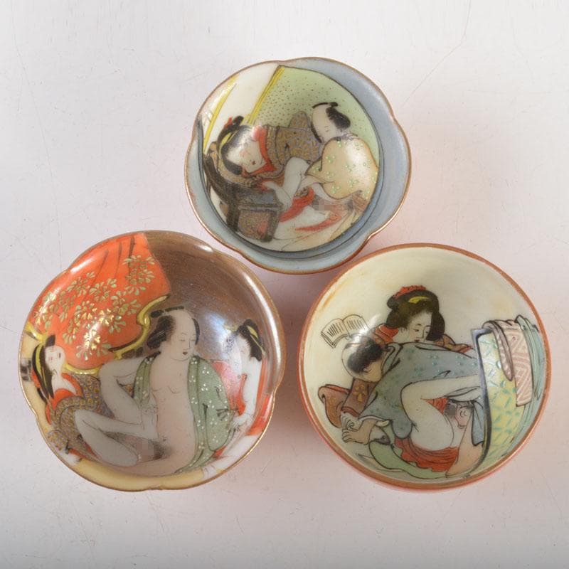九谷焼　浮世絵　春画盃　三客まとめて　時代箱付　C　6717