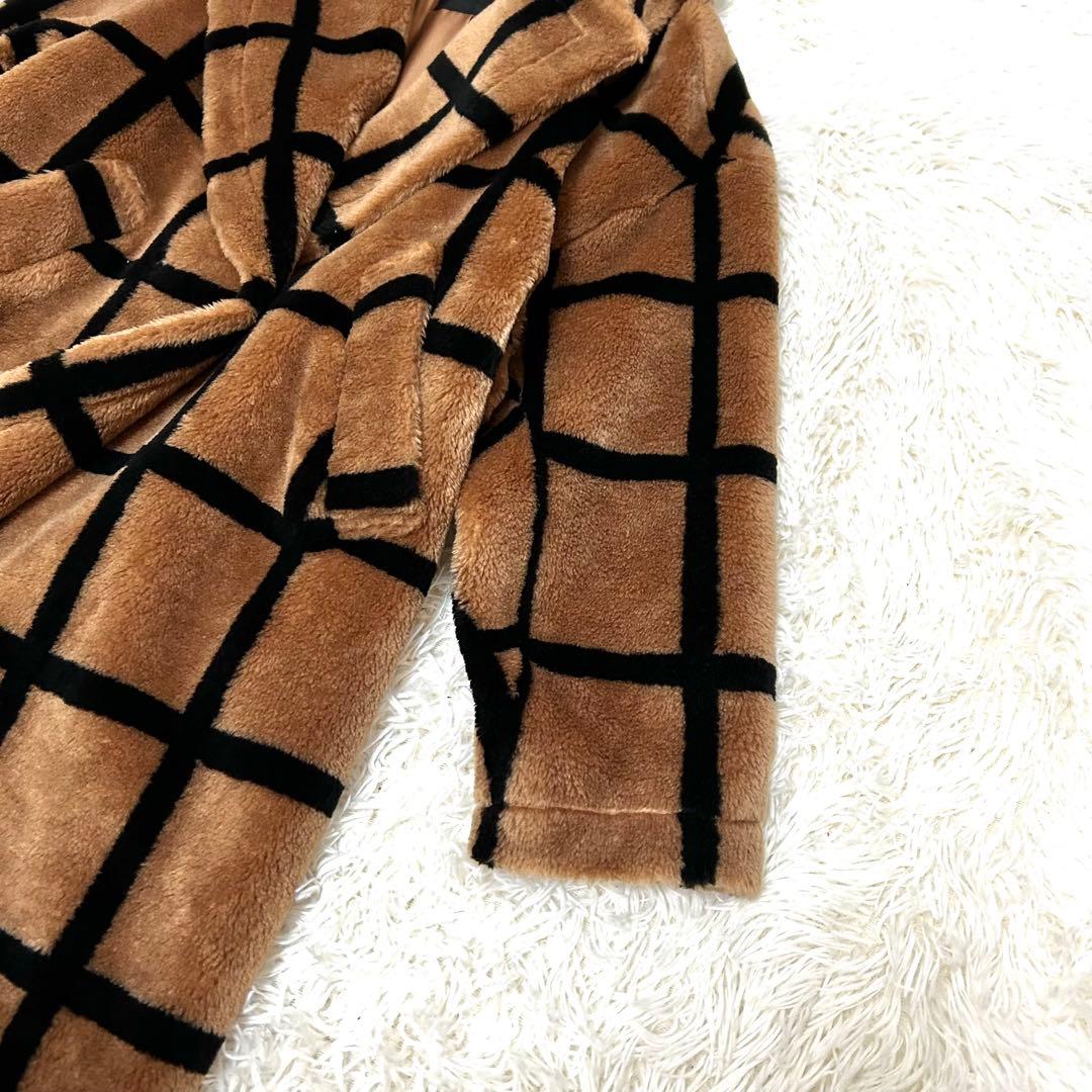 極美品　diagram テディベアコート　エコファー　総柄　キャメル　ブラック