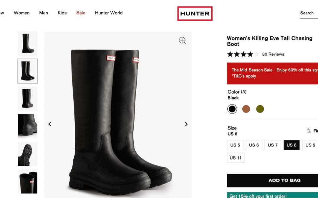 値下げ　新品 HUNTER ハンターブーツkilling eve長靴 黒US8