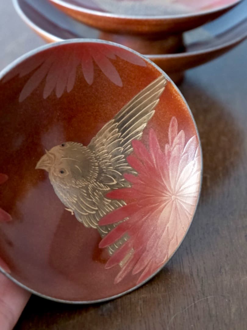 早川崇美　菊華雀蒔絵　三つ組盃　漆工芸　酒道具　美品　箱付　Q1631
