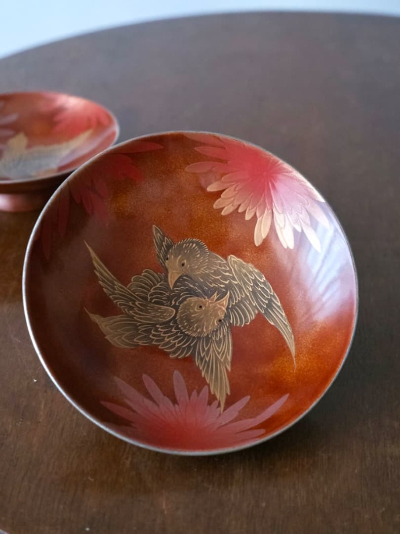 早川崇美　菊華雀蒔絵　三つ組盃　漆工芸　酒道具　美品　箱付　Q1631