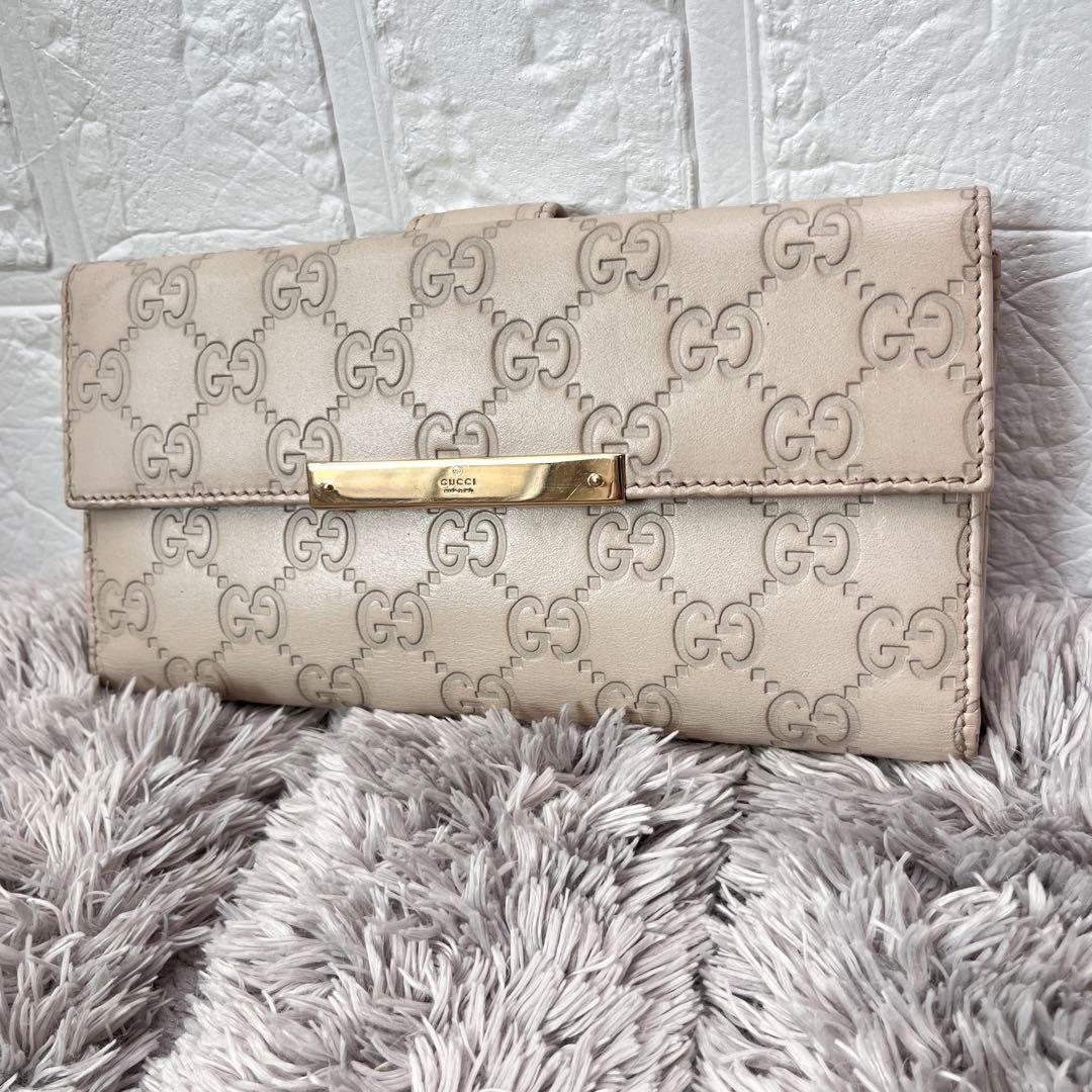 美品✨GUCCI シマ　ロゴプレート　ホワイトグレー　長財布　Wホック