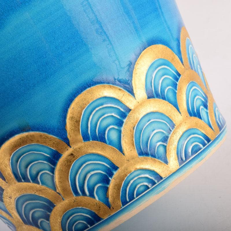 茶道具　京焼　平安昭阿弥造　浅葱　末広形　水指　共箱　C　8415A