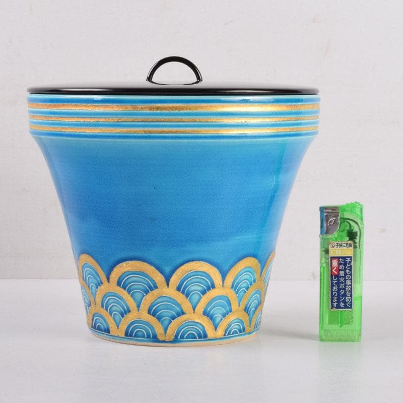 茶道具　京焼　平安昭阿弥造　浅葱　末広形　水指　共箱　C　8415A