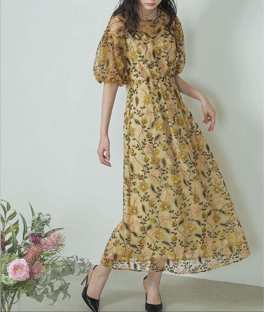 パフスリーブ フラワー刺繍 お呼ばれ 結婚式 オケージョン　イエロー