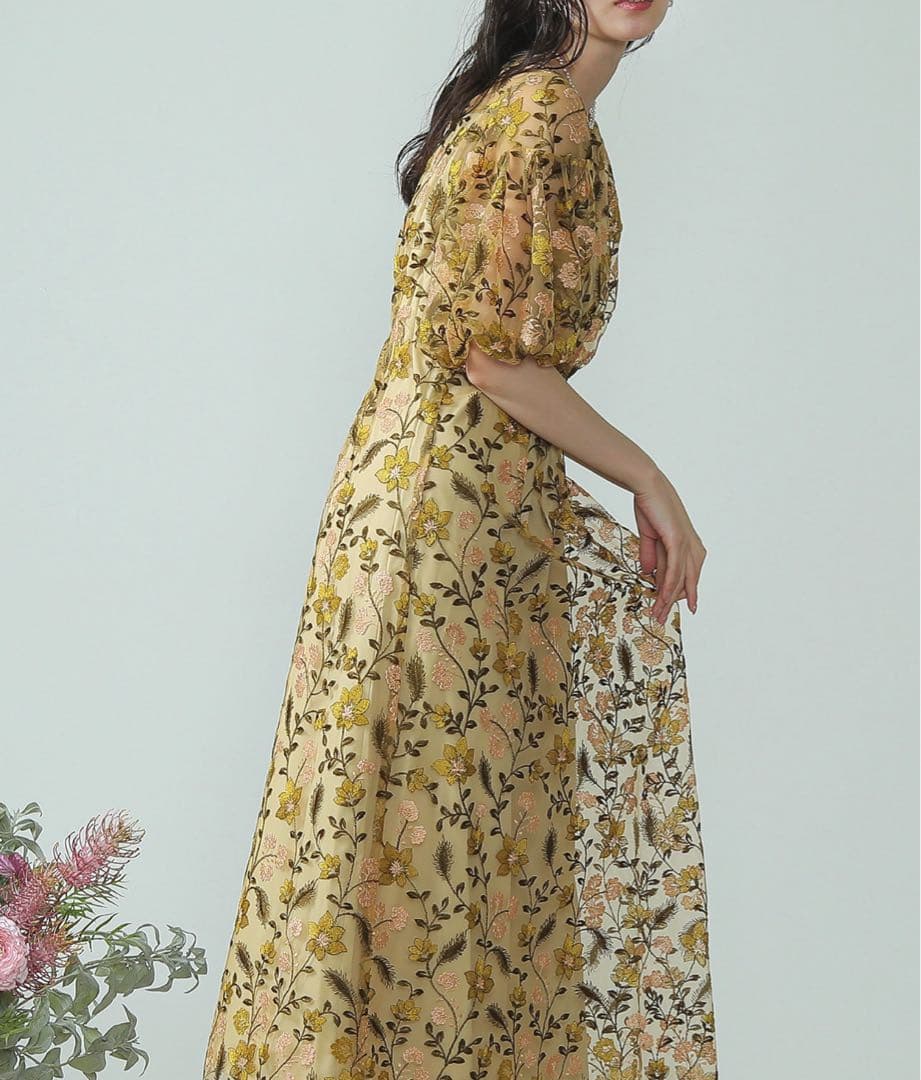 パフスリーブ フラワー刺繍 お呼ばれ 結婚式 オケージョン　イエロー