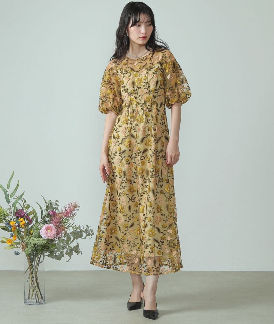 パフスリーブ フラワー刺繍 お呼ばれ 結婚式 オケージョン　イエロー