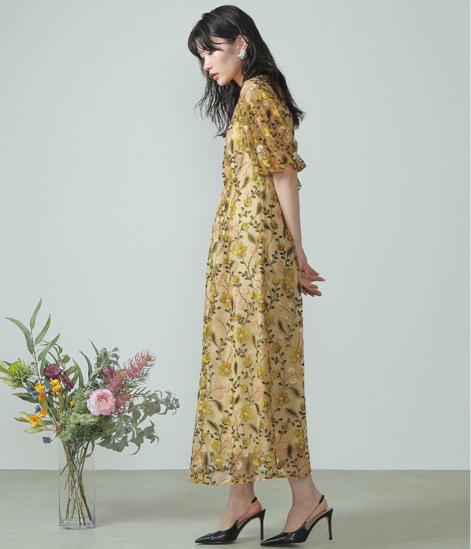 パフスリーブ フラワー刺繍 お呼ばれ 結婚式 オケージョン　イエロー