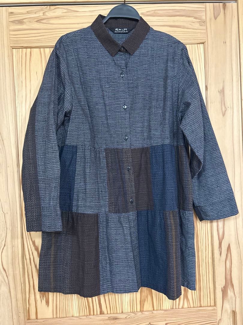 値下げ⭐︎儀右衛門　絣ダークブルー・ブラウンチェック チュニック