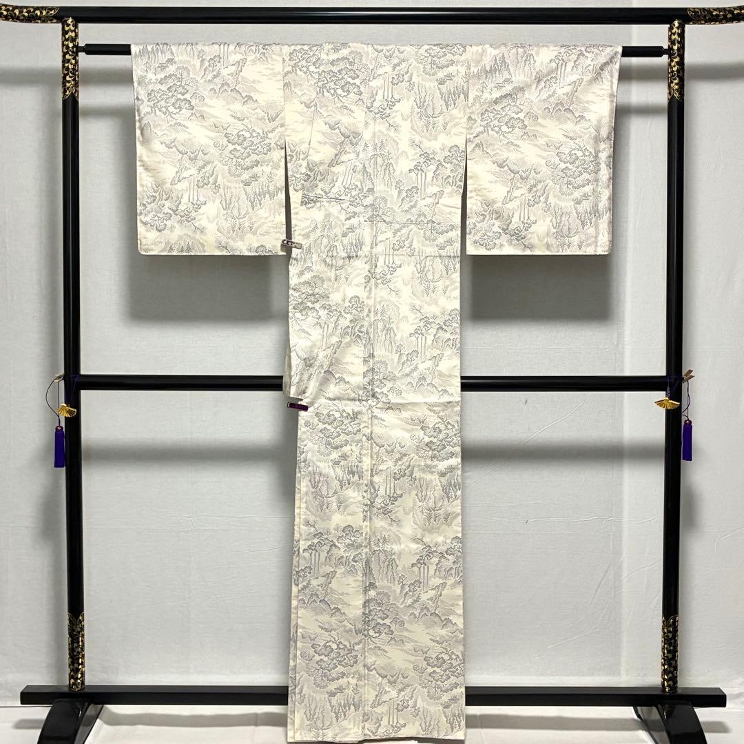 D91 本場白大島紬 風景 正絹 着物 袷 しつけ糸付き未使用極美品