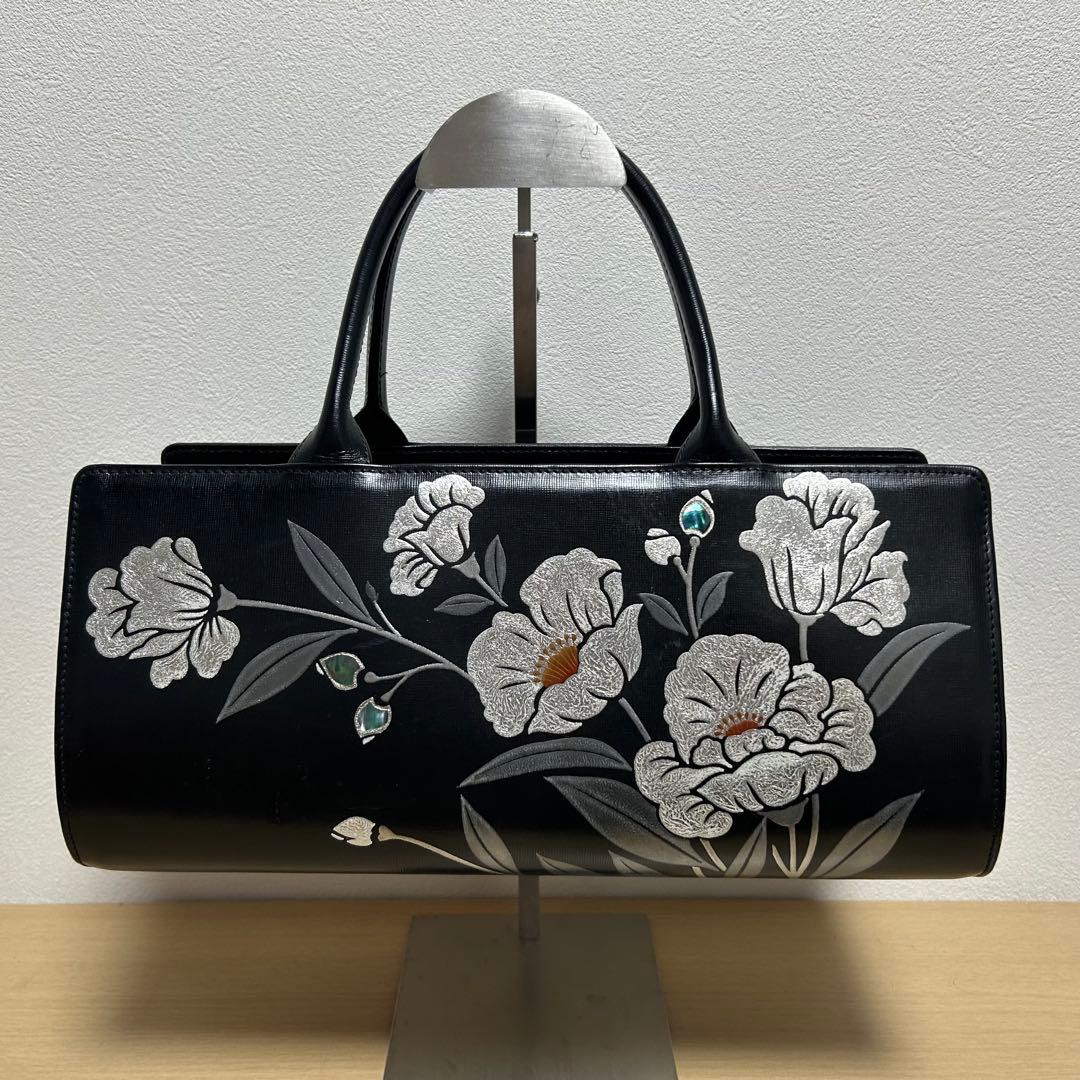 坂本これくしょん 蒔絵レザーバッグ ハンドバッグ 花柄刺繍 美品
