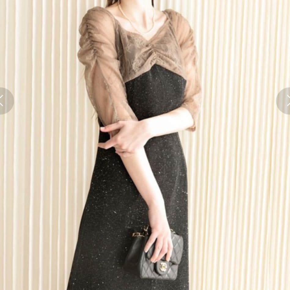 Leja　レース切替透けキラキラAラインロングドレスワンピース　美脚効果　結婚式