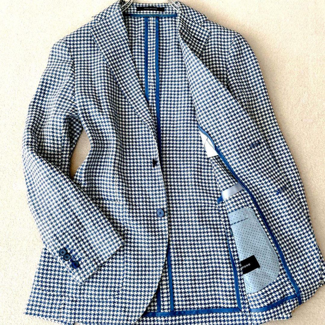 タリアトーレ テーラードジャケット 千鳥格子柄 ライトブルー リネン混 44