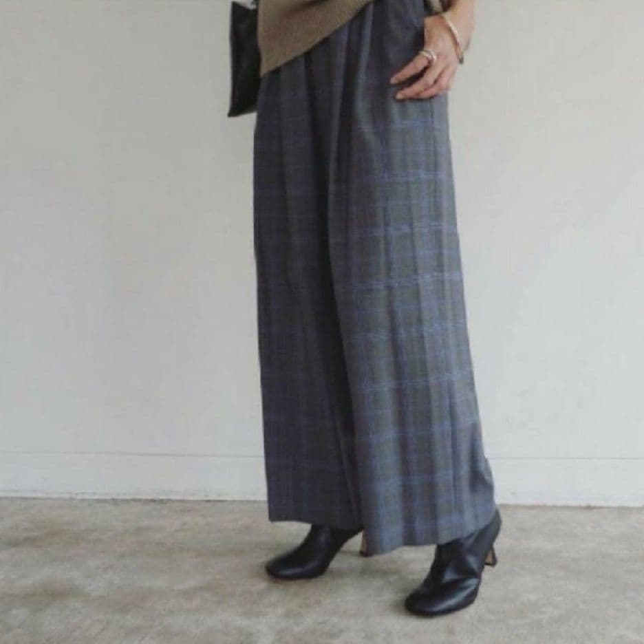 美品 ENFOLD グレンチェック ウール ワイドイージーパンツ 38 グレー