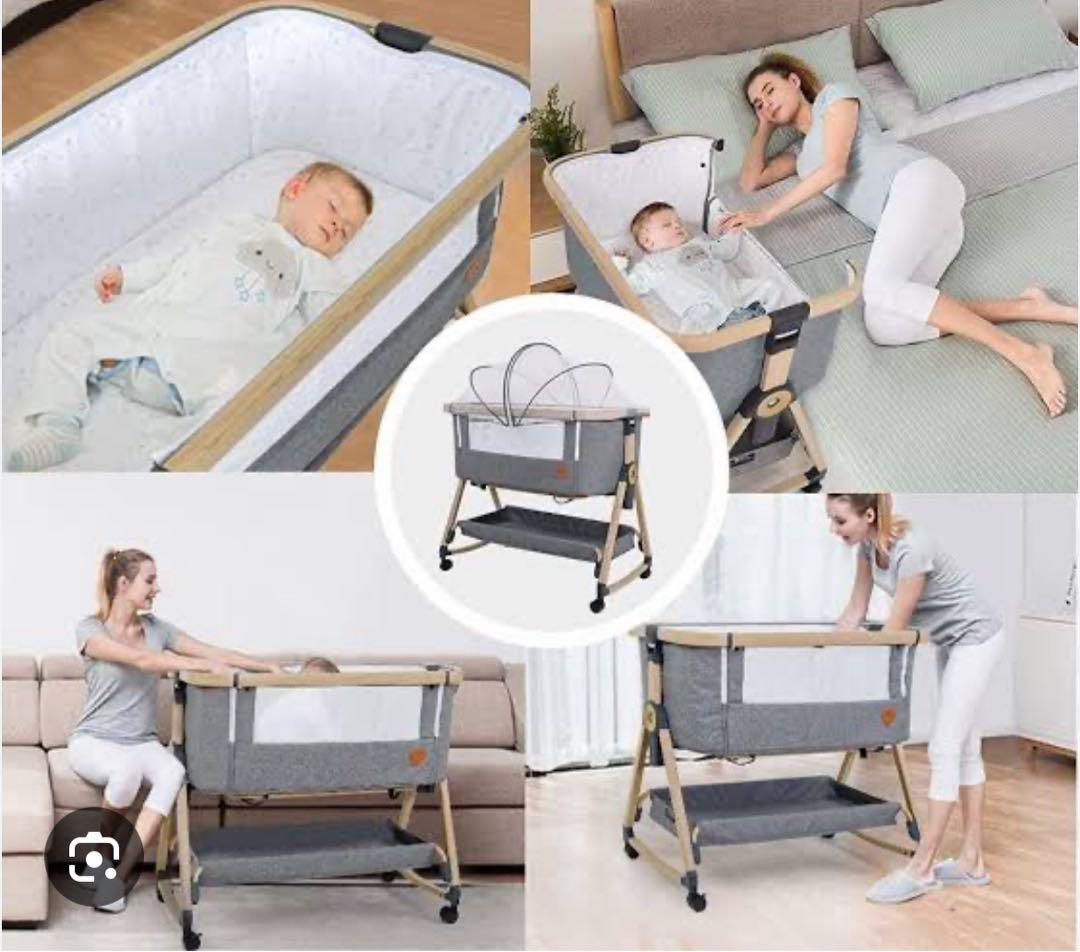 HZDMJベビーベッド添い寝折りたたみ ハイローベッドグレー　シーツ付き