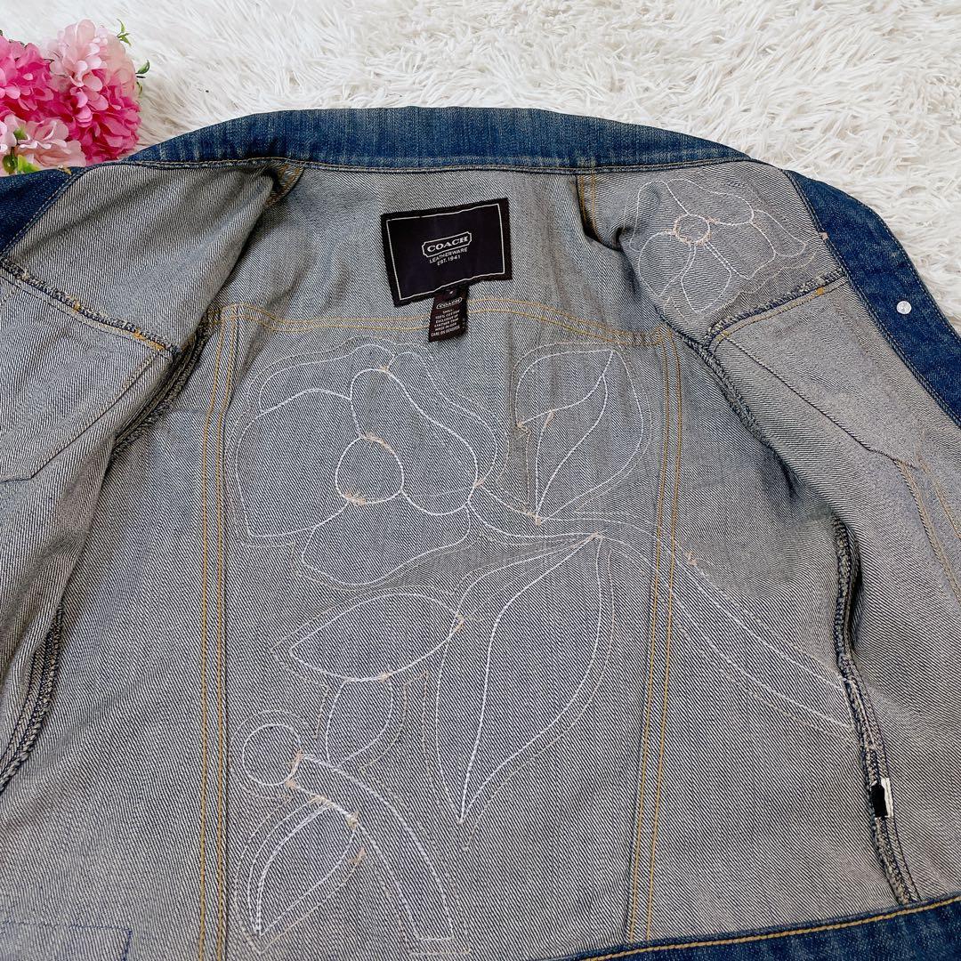 希少　コーチ　本革花柄レザー刺繍　デニムジャケット　ヴィンテージ　S