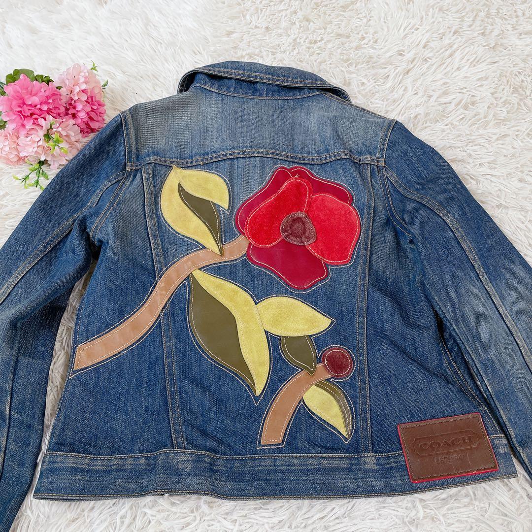 希少　コーチ　本革花柄レザー刺繍　デニムジャケット　ヴィンテージ　S