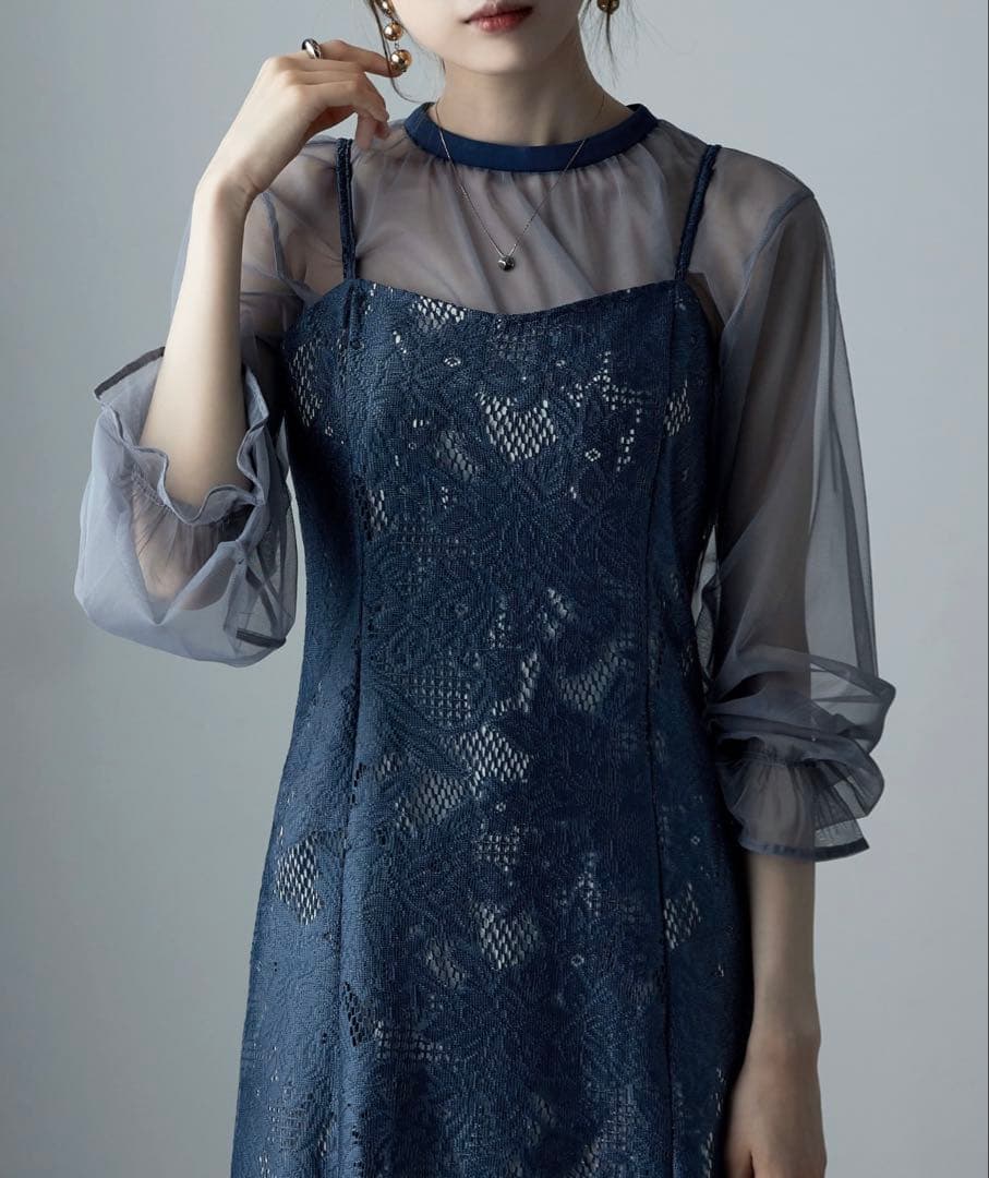 美品★3wayシフォンボレロ&レースキャミドレス／S／グレイッシュブルー・アビス