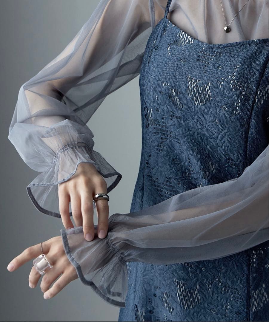 美品★3wayシフォンボレロ&レースキャミドレス／S／グレイッシュブルー・アビス