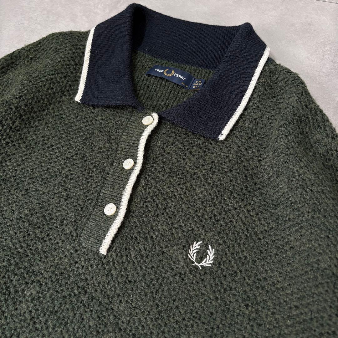 フレッドペリー Fred Perry ウールニットポロシャツ 月桂樹 カーキ L