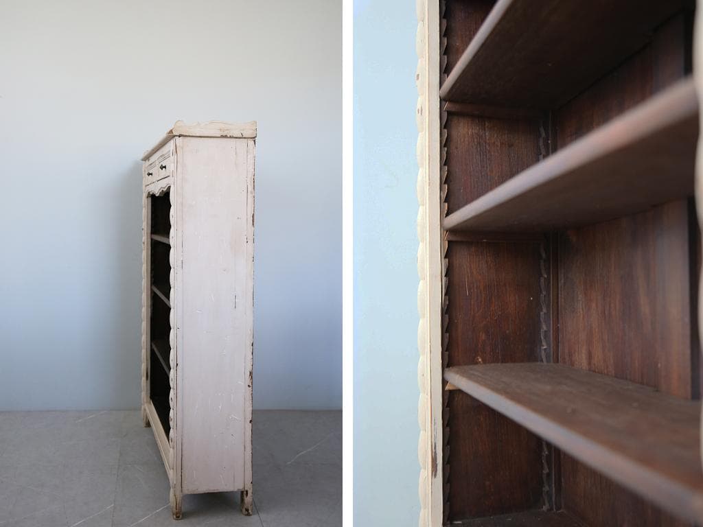 フランスアンティーク木製ブックシェルフ/本棚/飾り棚/食器棚/白色(90-201