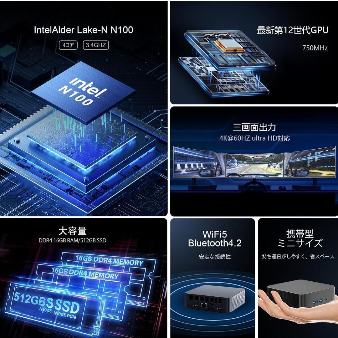 ミニPC 第12世代インテル intel 高速 DDR4 16GB+512GB