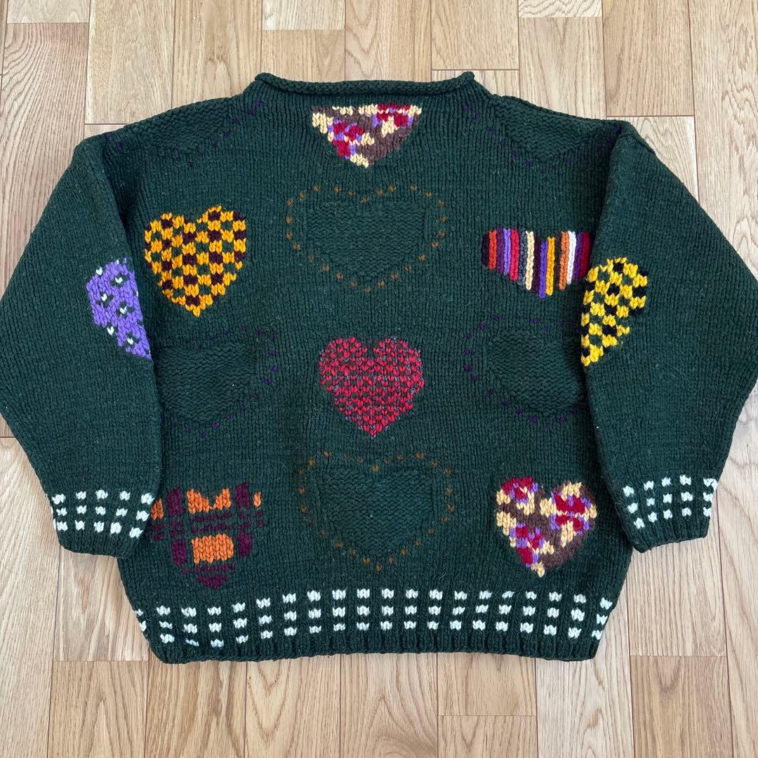 90s エクアドル　ニット　ヴィンテージ　ハート柄　花　バーズアイ