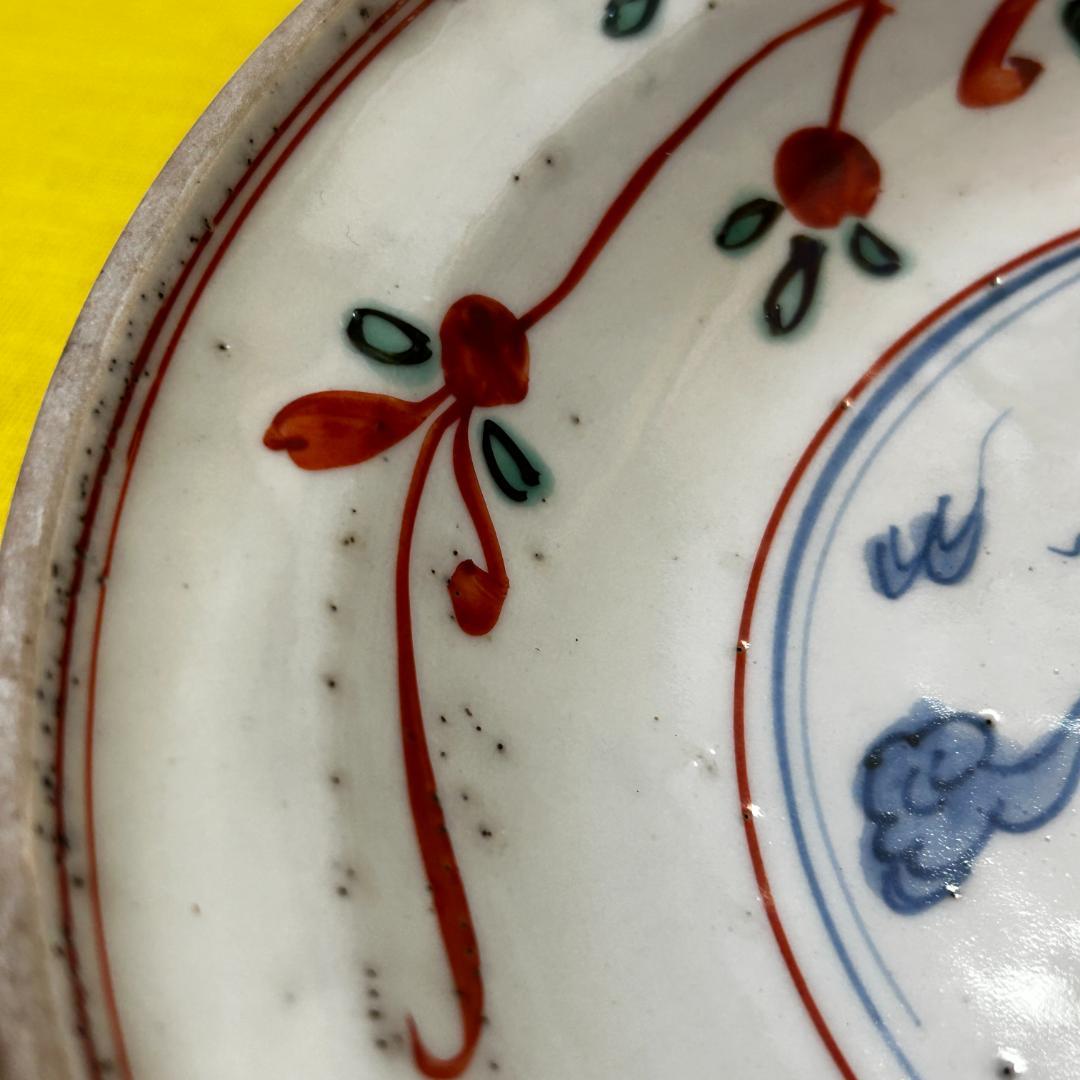 中国古美術　明時代　呉須赤絵　花草鳥魚文　古染付龍文飾皿　唐物　南京赤絵　箱付き