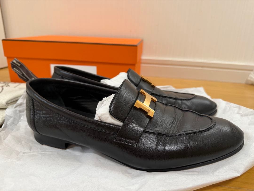 HERMES エルメス モカシンパリ ローズゴールド 金具 黒　39