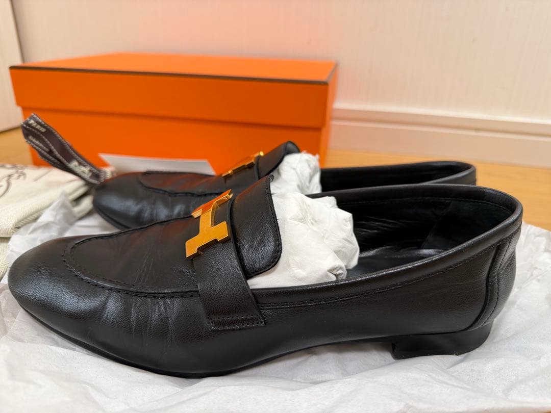 HERMES エルメス モカシンパリ ローズゴールド 金具 黒　39