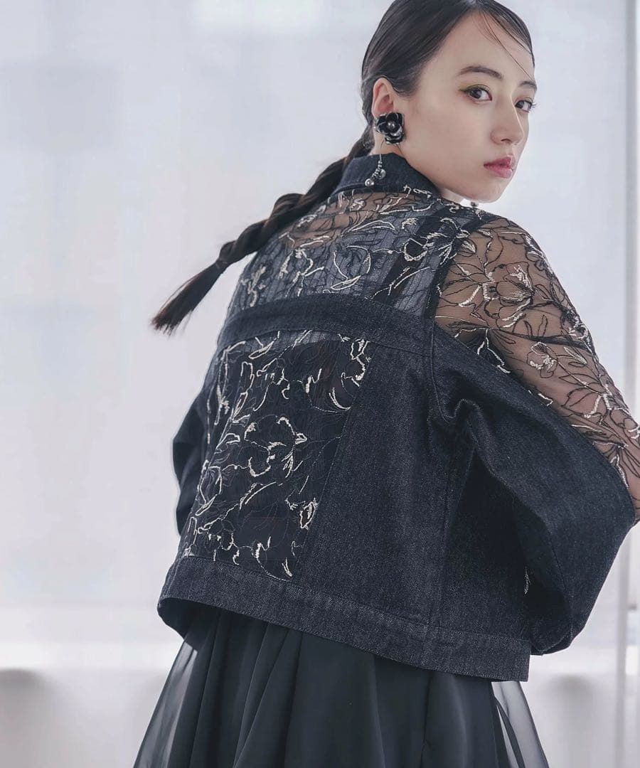 【LADIES】デニムレースキリカエブルゾン ブラック　FREE SIZE