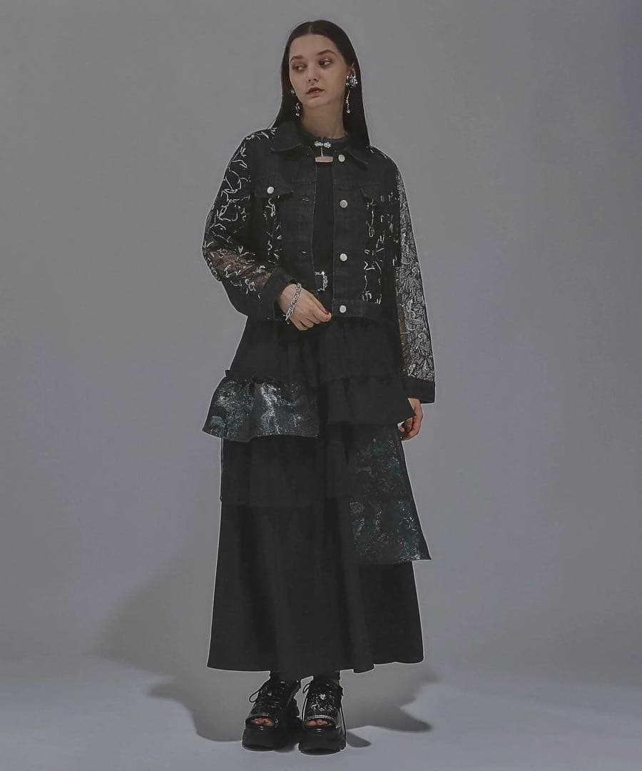 【LADIES】デニムレースキリカエブルゾン ブラック　FREE SIZE