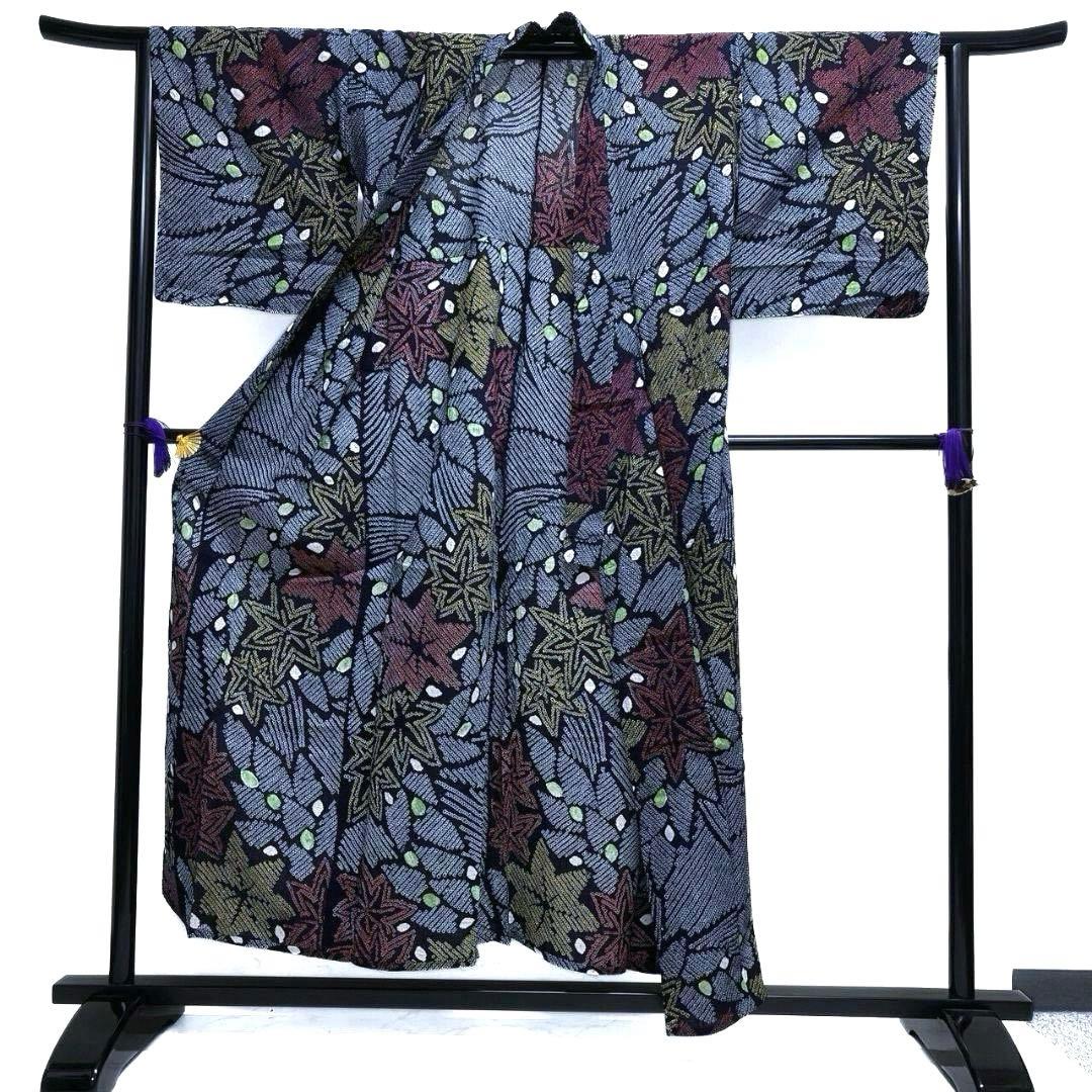 浴衣　有松鳴海絞り　楓　リーフ　ドット　藍染　着物　074a p