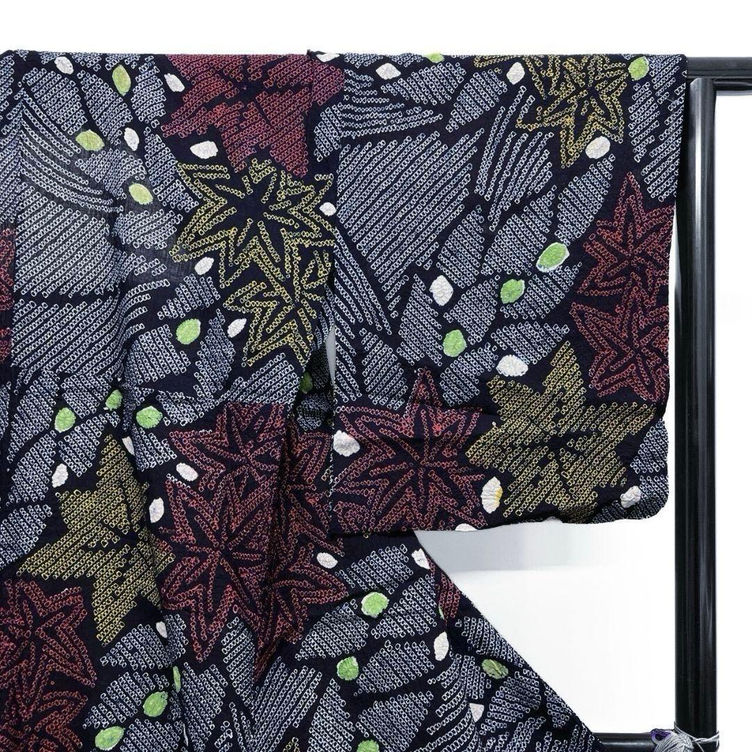 浴衣　有松鳴海絞り　楓　リーフ　ドット　藍染　着物　074a p