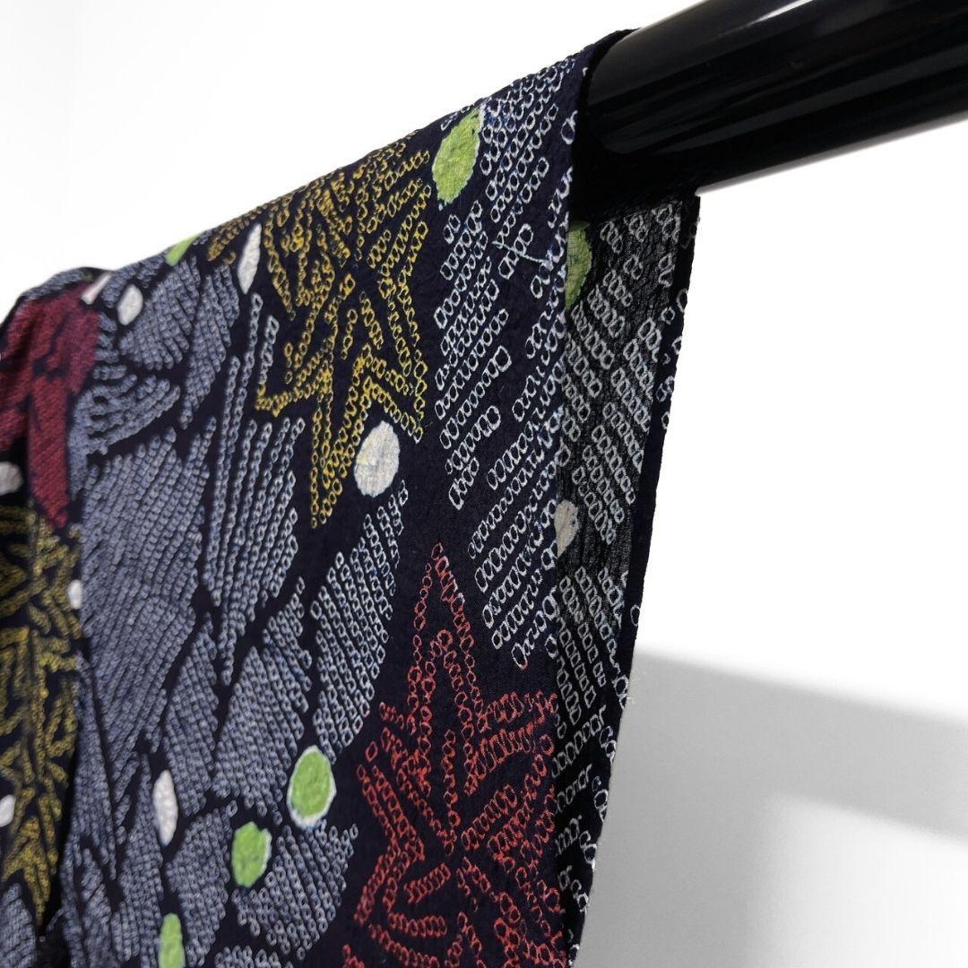 浴衣　有松鳴海絞り　楓　リーフ　ドット　藍染　着物　074a p