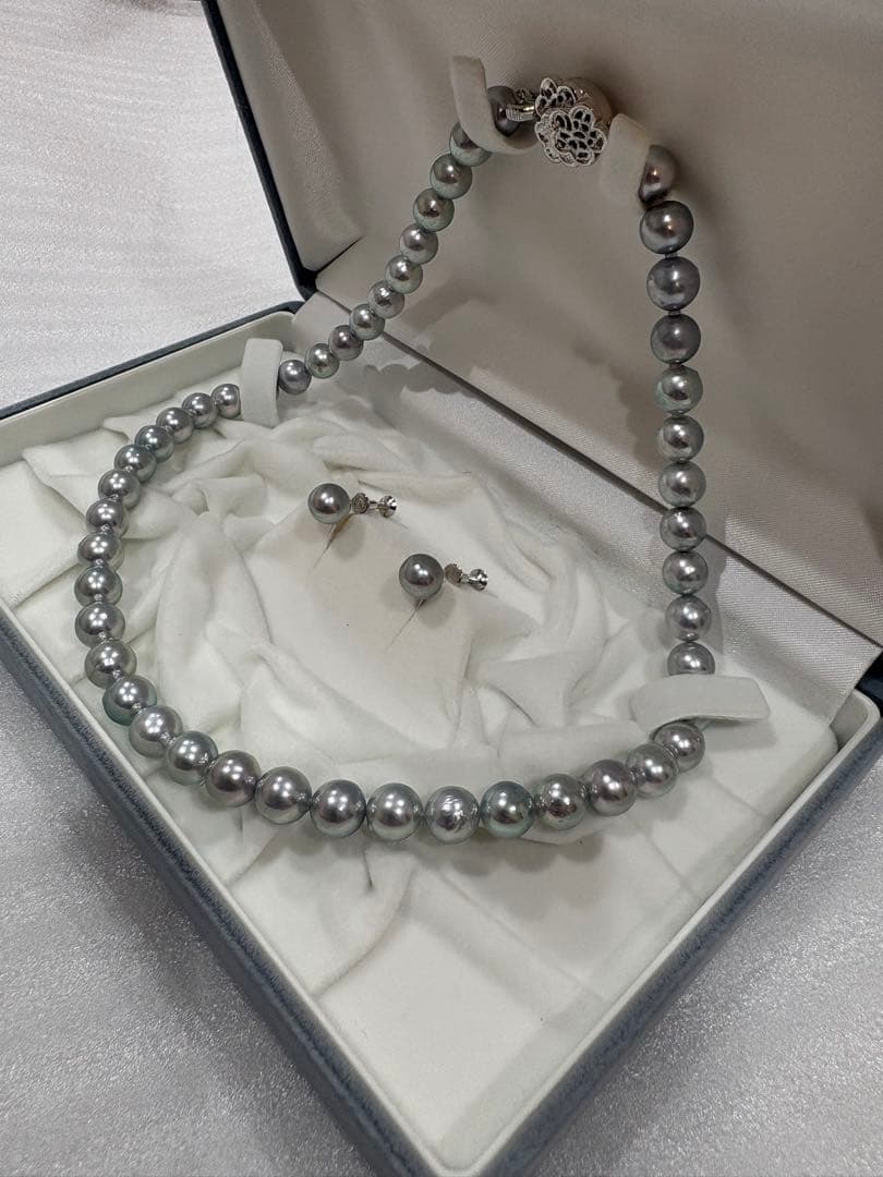 グレー真珠 ネックレス ピアス セット｜8〜8.5mm フォーマル ケース付き