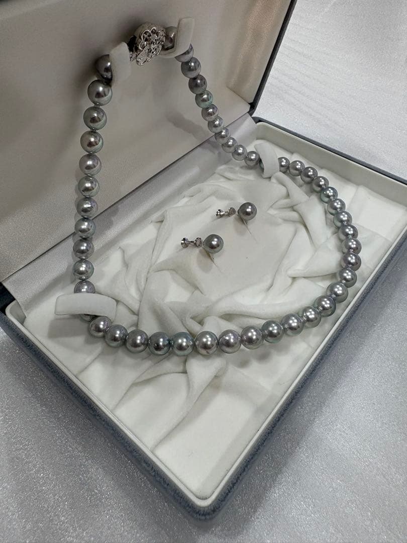 グレー真珠 ネックレス ピアス セット｜8〜8.5mm フォーマル ケース付き