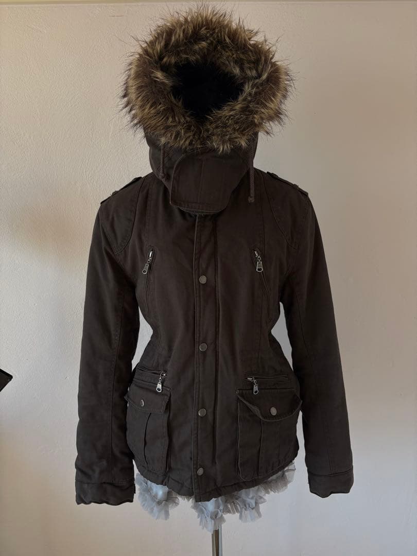 y2k平成ギャル 黒モッズ　ミリタリーフード　ギミック ダークコア小悪魔 ファー