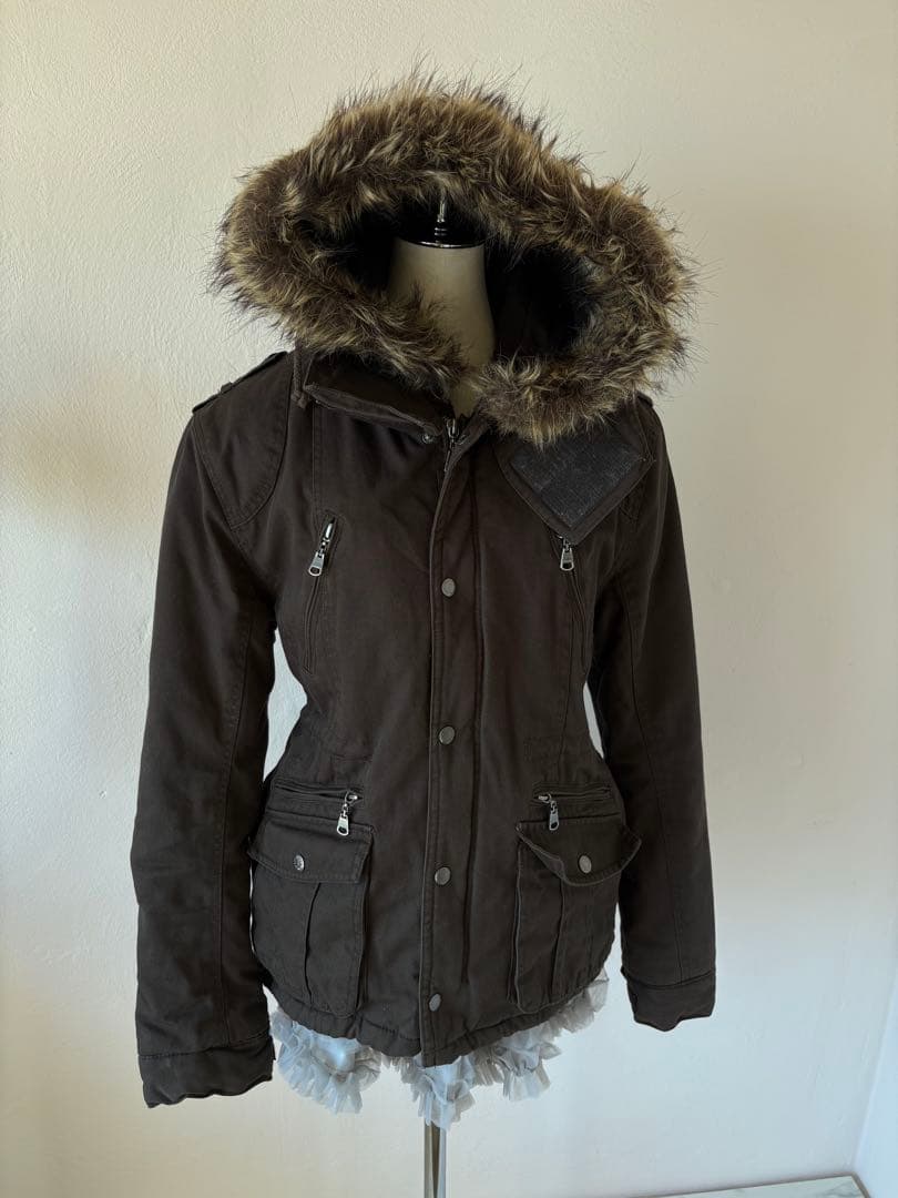 y2k平成ギャル 黒モッズ　ミリタリーフード　ギミック ダークコア小悪魔 ファー