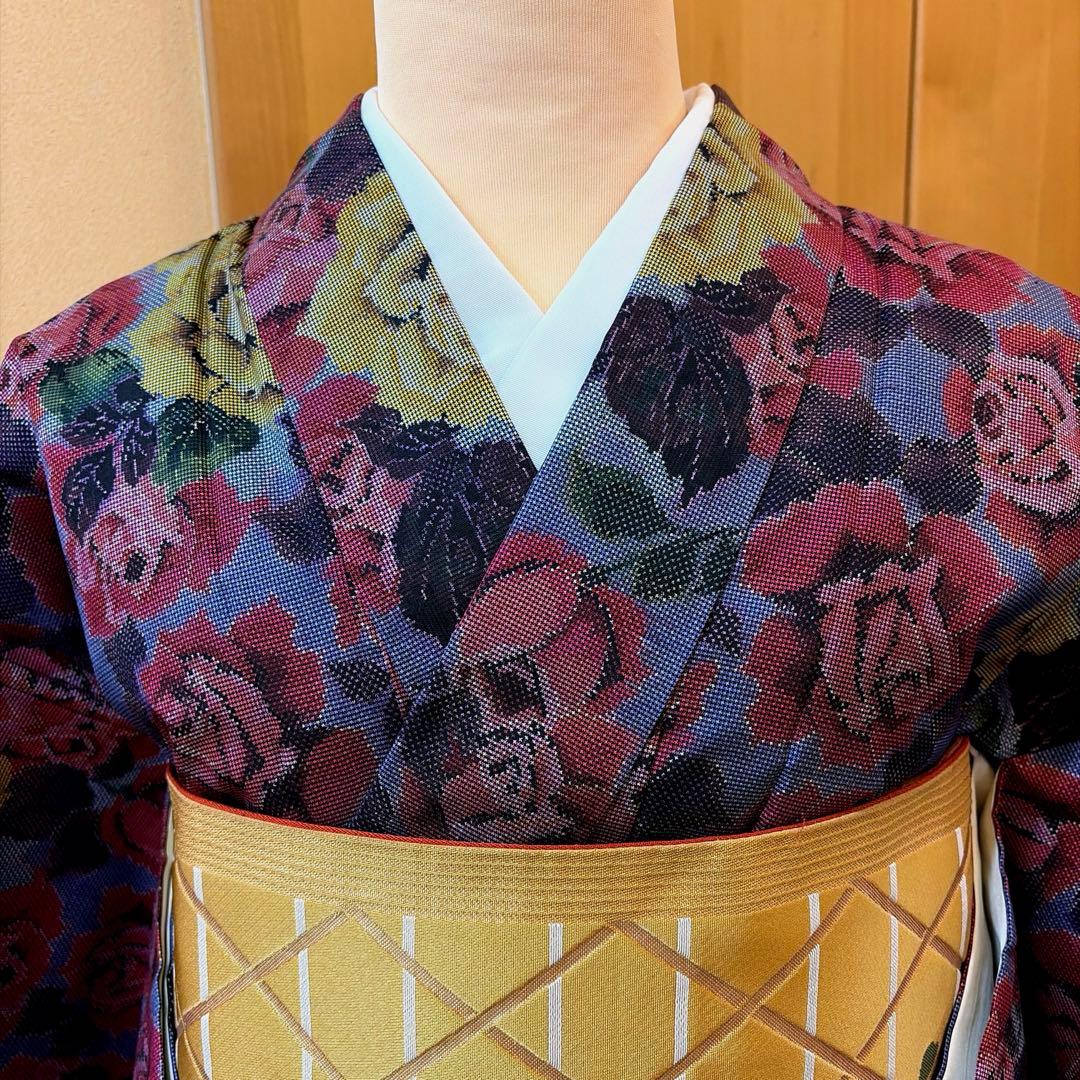 メ*メ様 正絹大島紬ばらの花柄アンサンブルーアンティーク