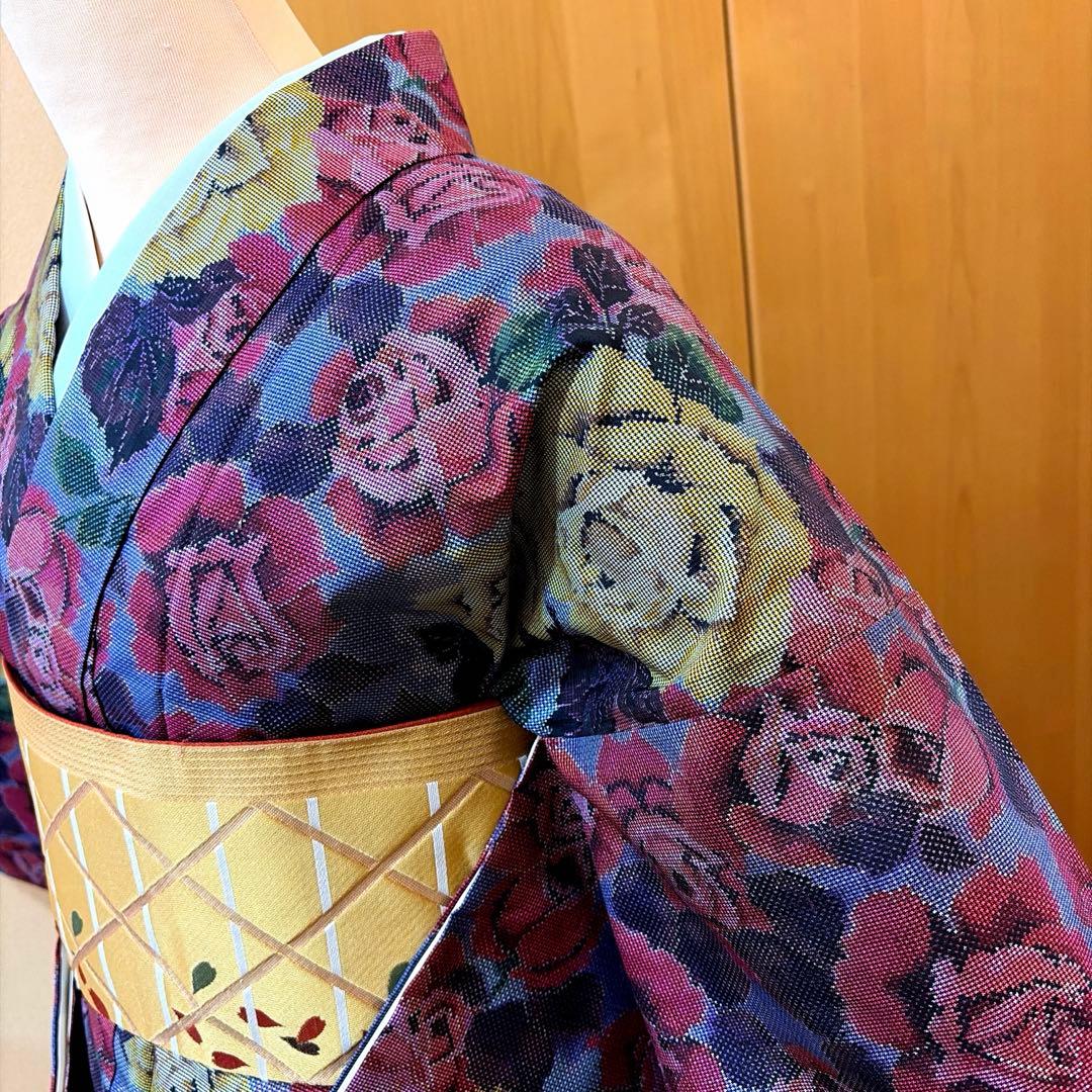 メ*メ様 正絹大島紬ばらの花柄アンサンブルーアンティーク